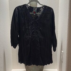 Johnny Was Black V-Neck 3/4 Sleeve Ruffled Blouse